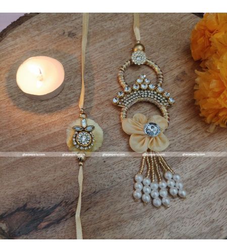 Bhai Bhabhi Rakhi with Kundan, Beads and Moti (Set of 2)
